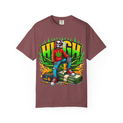 High Vibes Unisex Garment-Dyed T-Shirt - Retro Skeleton & Cannabis Graphic Tee
