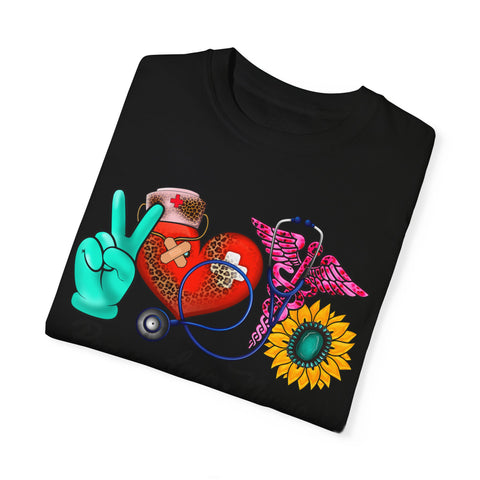 Peace Love Nurse T-Shirt | Unisex Garment-Dyed Tee for Healthcare Heroes