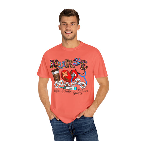 Nurse Love Graphic T-Shirt - Coffee Scrubs & Rubber Gloves