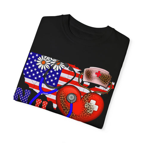 Patriotic Nurse T-shirt - Unisex Garment-Dyed Tee for Healthcare Heroes