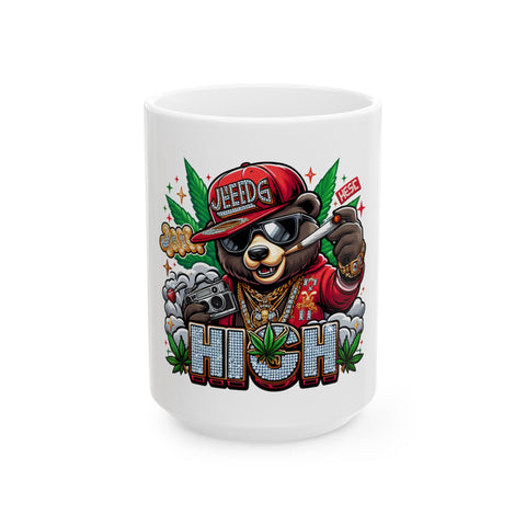 High Vibe Ceramic Mug - Funny Bear Design, Gift for Stoners, Cannabis Lover's Cup, 420 Coffee Mug, Unique Drinkware