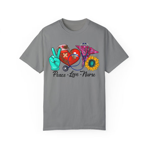 Peace Love Nurse T-Shirt | Unisex Garment-Dyed Tee for Healthcare Heroes