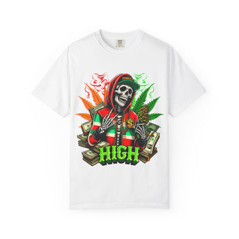 High Vibes Unisex Garment-Dyed T-Shirt - Skeleton & Cannabis Design