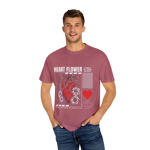 Heart Flower Unisex Garment-Dyed T-shirt - Symbol of Love and Strength