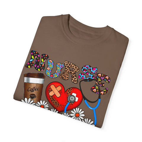 Nurse Love Graphic T-Shirt - Coffee Scrubs & Rubber Gloves