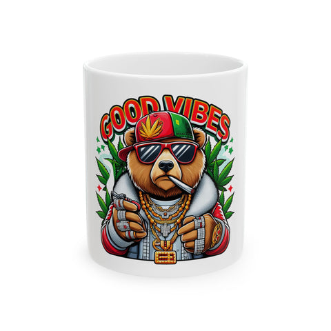 Good Vibes Bear Ceramic Mug - Fun 11oz/15oz Coffee/Tea Cup for Chill Days
