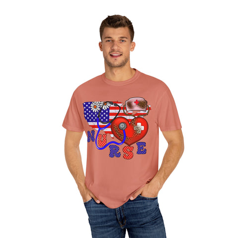 Patriotic Nurse T-shirt - Unisex Garment-Dyed Tee for Healthcare Heroes