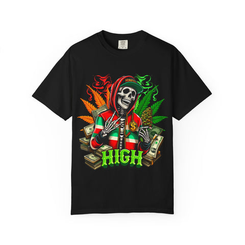 High Vibes Unisex Garment-Dyed T-Shirt - Skeleton & Cannabis Design