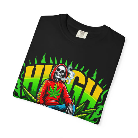 High Vibes Unisex Garment-Dyed T-Shirt - Retro Skeleton & Cannabis Graphic Tee