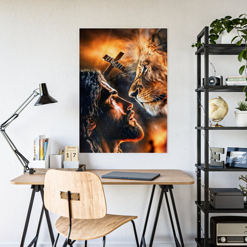 Inspirational Gloss Poster - Jesus and Lion Art for Faith and Home Decor