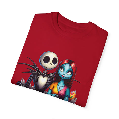 Cute Couples Halloween T-Shirt - Unisex Garment-Dyed Tee with Skeleton & Monster Designs