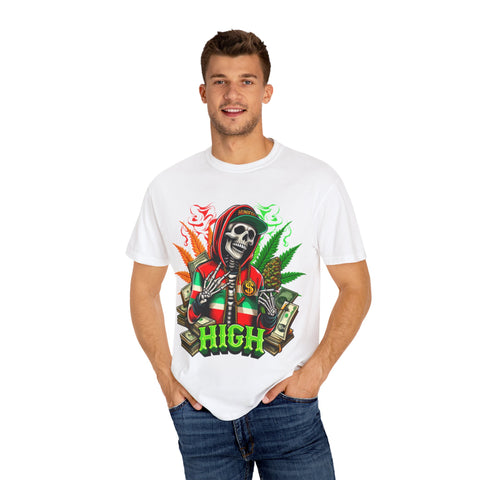 High Vibes Unisex Garment-Dyed T-Shirt - Skeleton & Cannabis Design