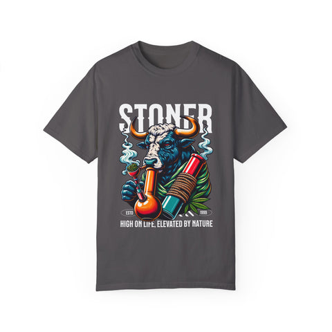 Stoner Bull T-Shirt - High on Life Design - Unisex Garment-Dyed Tee for Cannabis Enthusiasts