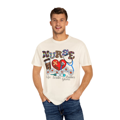 Nurse Love Graphic T-Shirt - Coffee Scrubs & Rubber Gloves