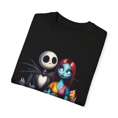 Cute Couples Halloween T-Shirt - Unisex Garment-Dyed Tee with Skeleton & Monster Designs
