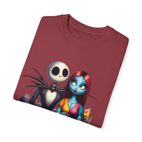 Cute Couples Halloween T-Shirt - Unisex Garment-Dyed Tee with Skeleton & Monster Designs