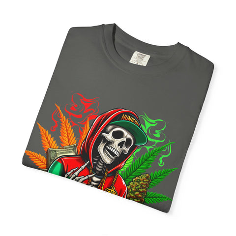 High Vibes Unisex Garment-Dyed T-Shirt - Skeleton & Cannabis Design