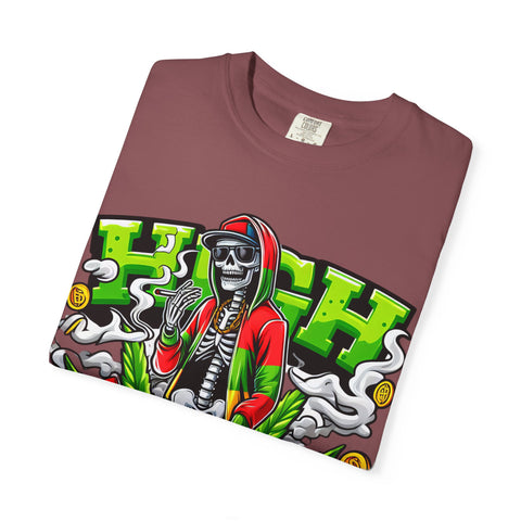 High Vibe Unisex Garment-Dyed T-Shirt - Skull & Cannabis Design
