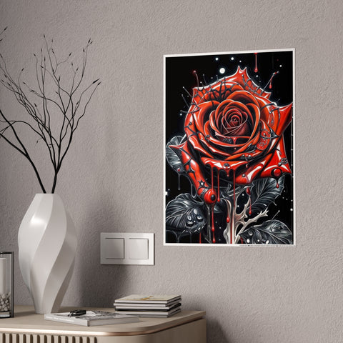 Decorative Gloss Poster - Red Rose with Dripping Paint Art