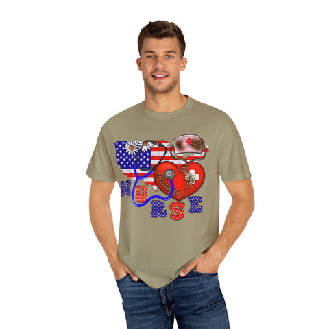 Patriotic Nurse T-shirt - Unisex Garment-Dyed Tee for Healthcare Heroes