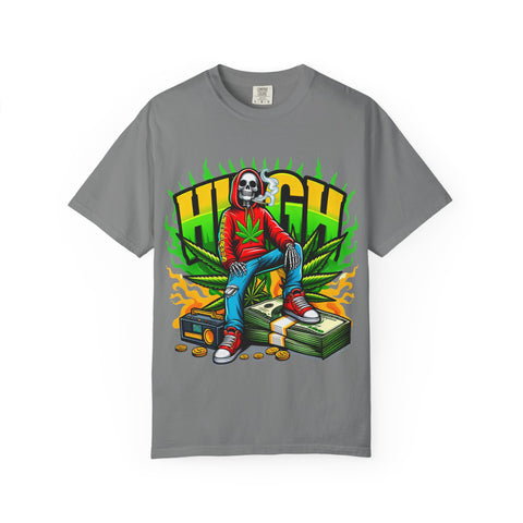 High Vibes Unisex Garment-Dyed T-Shirt - Retro Skeleton & Cannabis Graphic Tee
