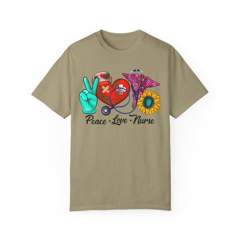 Peace Love Nurse T-Shirt | Unisex Garment-Dyed Tee for Healthcare Heroes