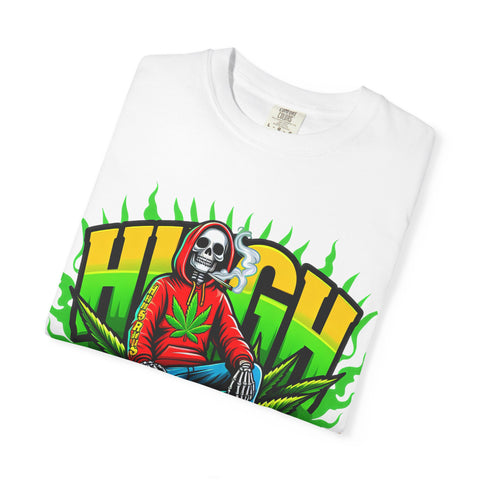 High Vibes Unisex Garment-Dyed T-Shirt - Retro Skeleton & Cannabis Graphic Tee