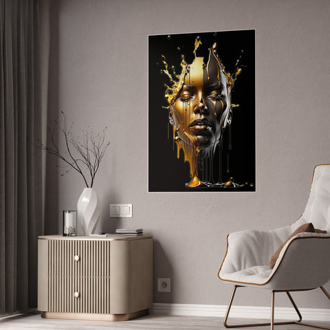 Glossy Art Poster - Golden Melting Woman Face - Modern Wall Decor