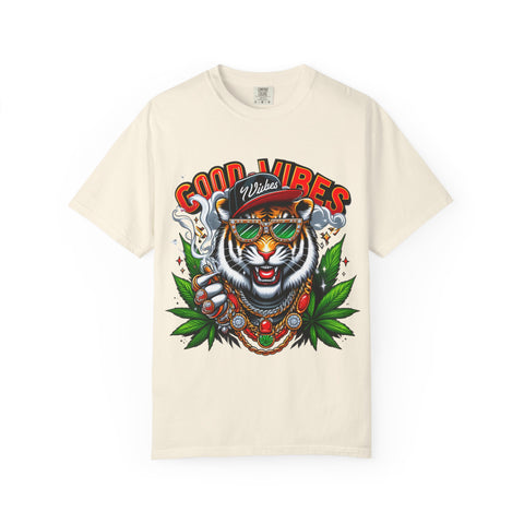 Good Vibes Tiger Graphic T-Shirt - Unisex Garment-Dyed Tee for Relaxed Summer Style