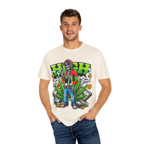 High Vibe Unisex Garment-Dyed T-Shirt - Skull & Cannabis Design