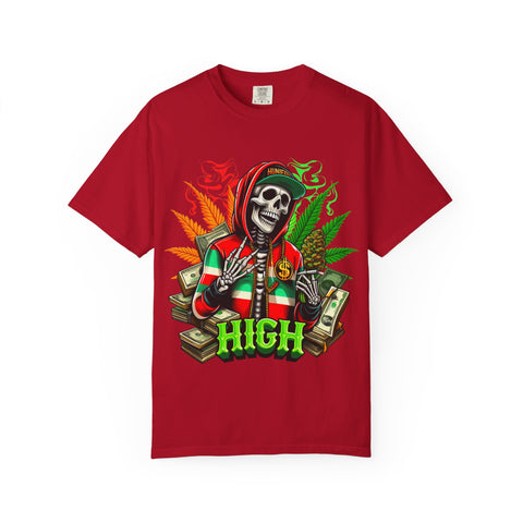 High Vibes Unisex Garment-Dyed T-Shirt - Skeleton & Cannabis Design