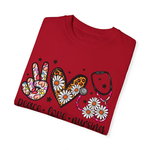 Peace Love Nursing T-Shirt - Unisex Garment-Dyed Tee for Nurses