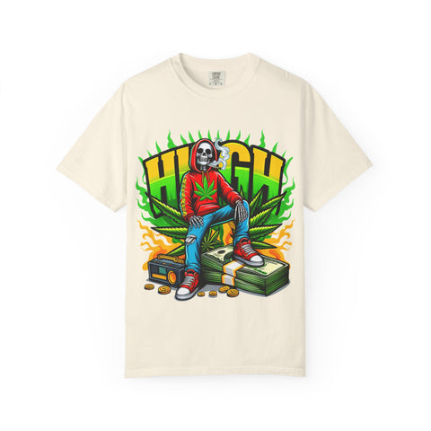 High Vibes Unisex Garment-Dyed T-Shirt - Retro Skeleton & Cannabis Graphic Tee