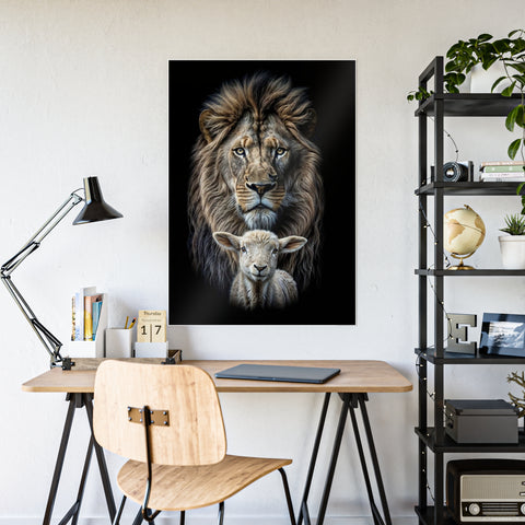 Wildlife Art Print: Lion & Lamb Gloss Poster - Nature Decor for Home