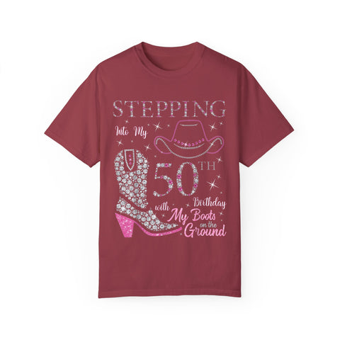 50th Birthday T-Shirt - Stepping Into My 50th with My Boots on the Ground