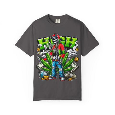 High Vibe Unisex Garment-Dyed T-Shirt - Skull & Cannabis Design