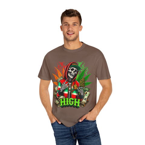 High Vibes Unisex Garment-Dyed T-Shirt - Skeleton & Cannabis Design