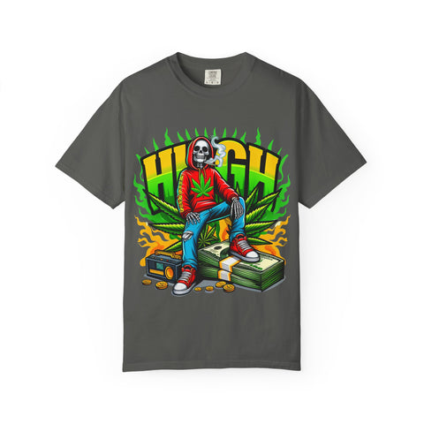 High Vibes Unisex Garment-Dyed T-Shirt - Retro Skeleton & Cannabis Graphic Tee