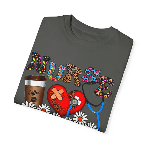 Nurse Love Graphic T-Shirt - Coffee Scrubs & Rubber Gloves
