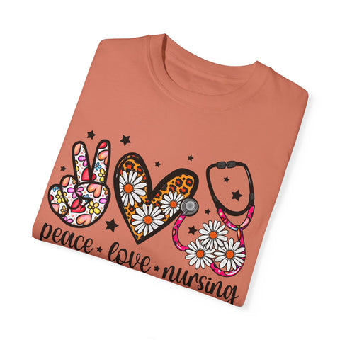 Peace Love Nursing T-Shirt - Unisex Garment-Dyed Tee for Nurses