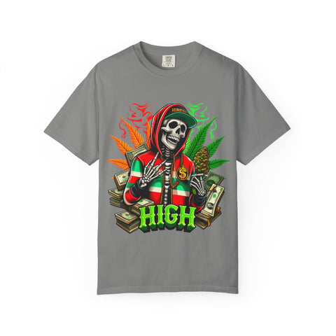 High Vibes Unisex Garment-Dyed T-Shirt - Skeleton & Cannabis Design