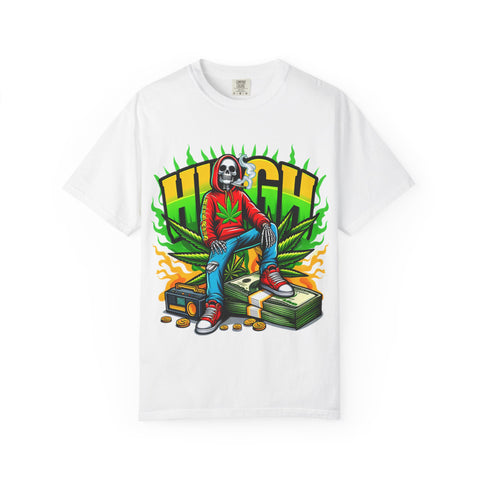 High Vibes Unisex Garment-Dyed T-Shirt - Retro Skeleton & Cannabis Graphic Tee