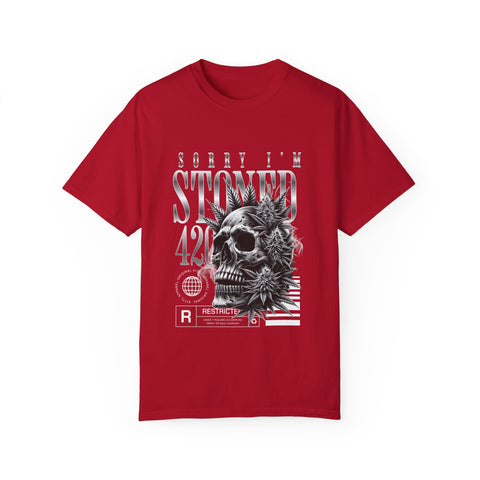 Unisex Skull and Leaves Graphic T-shirt - 'Sorry I'm Stoned 420'
