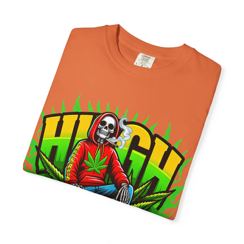 High Vibes Unisex Garment-Dyed T-Shirt - Retro Skeleton & Cannabis Graphic Tee