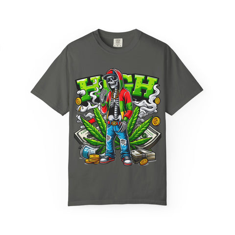 High Vibe Unisex Garment-Dyed T-Shirt - Skull & Cannabis Design