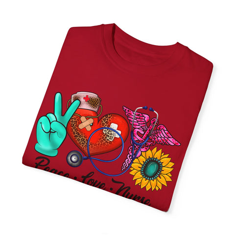 Peace Love Nurse T-Shirt | Unisex Garment-Dyed Tee for Healthcare Heroes