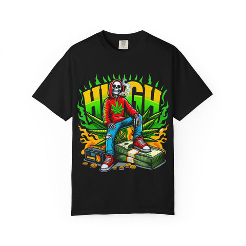 High Vibes Unisex Garment-Dyed T-Shirt - Retro Skeleton & Cannabis Graphic Tee