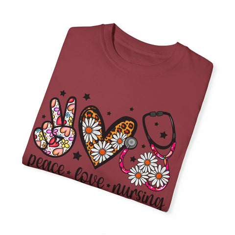 Peace Love Nursing T-Shirt - Unisex Garment-Dyed Tee for Nurses