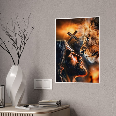 Inspirational Gloss Poster - Jesus and Lion Art for Faith and Home Decor