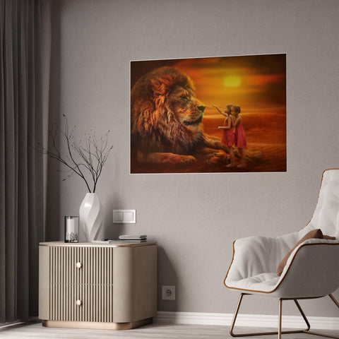 Majestic Lion and Girls Gloss Poster - Inspirational Wall Art for Home Decor